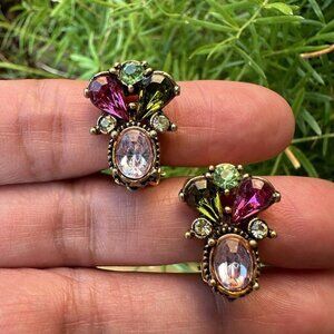 VTG Statement Earrings 1" Clips‎ Multicolor Rhinestones Crystal Gold Plated